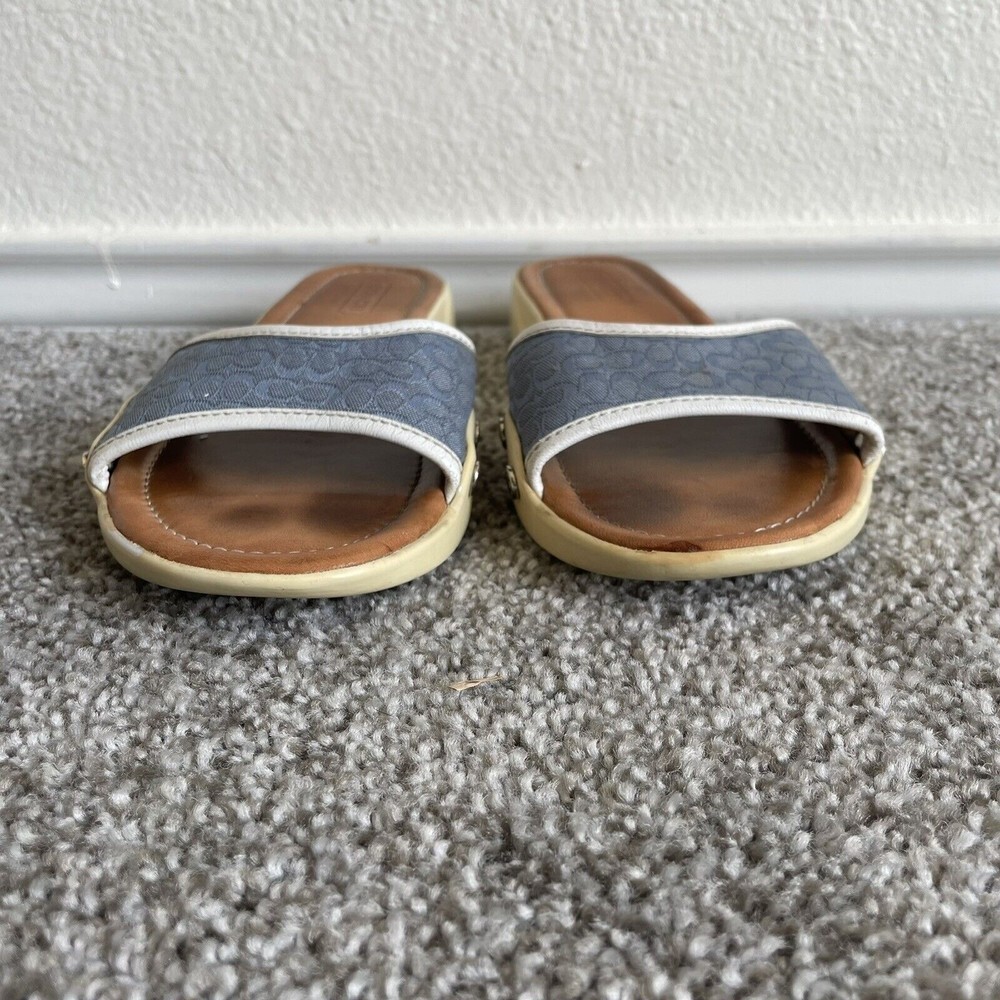 Coach Augusta Slides Womens Size 8 M Blue  Flat Sandals Leather Canvas Monogram - Picture 2 of 11